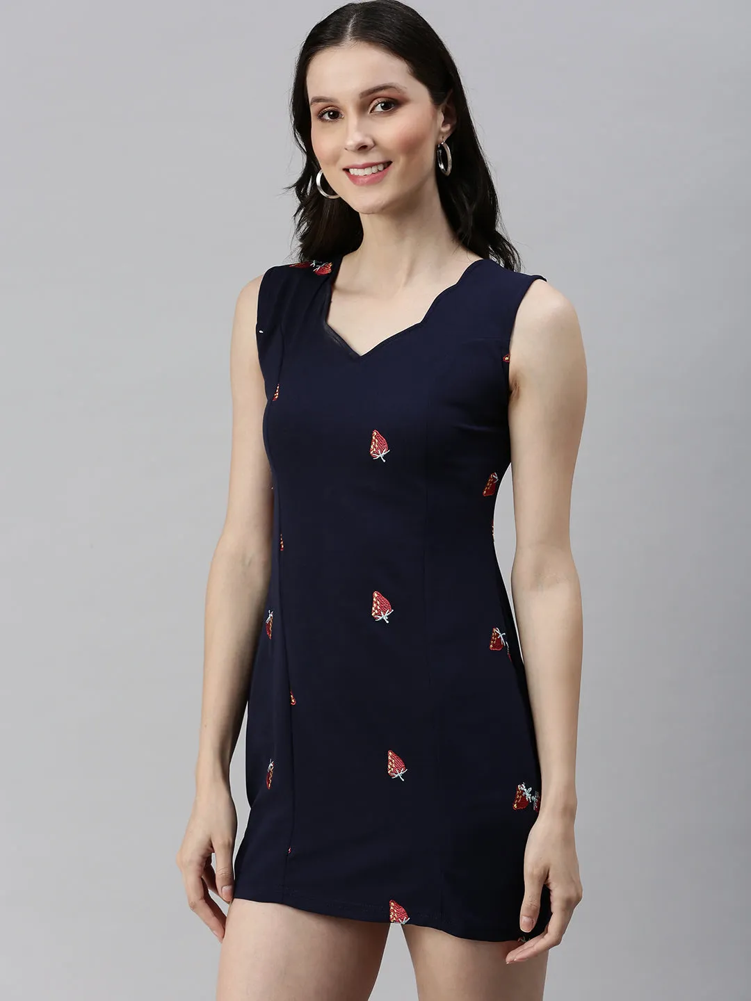 Women Navy Blue Solid Sheath Dress