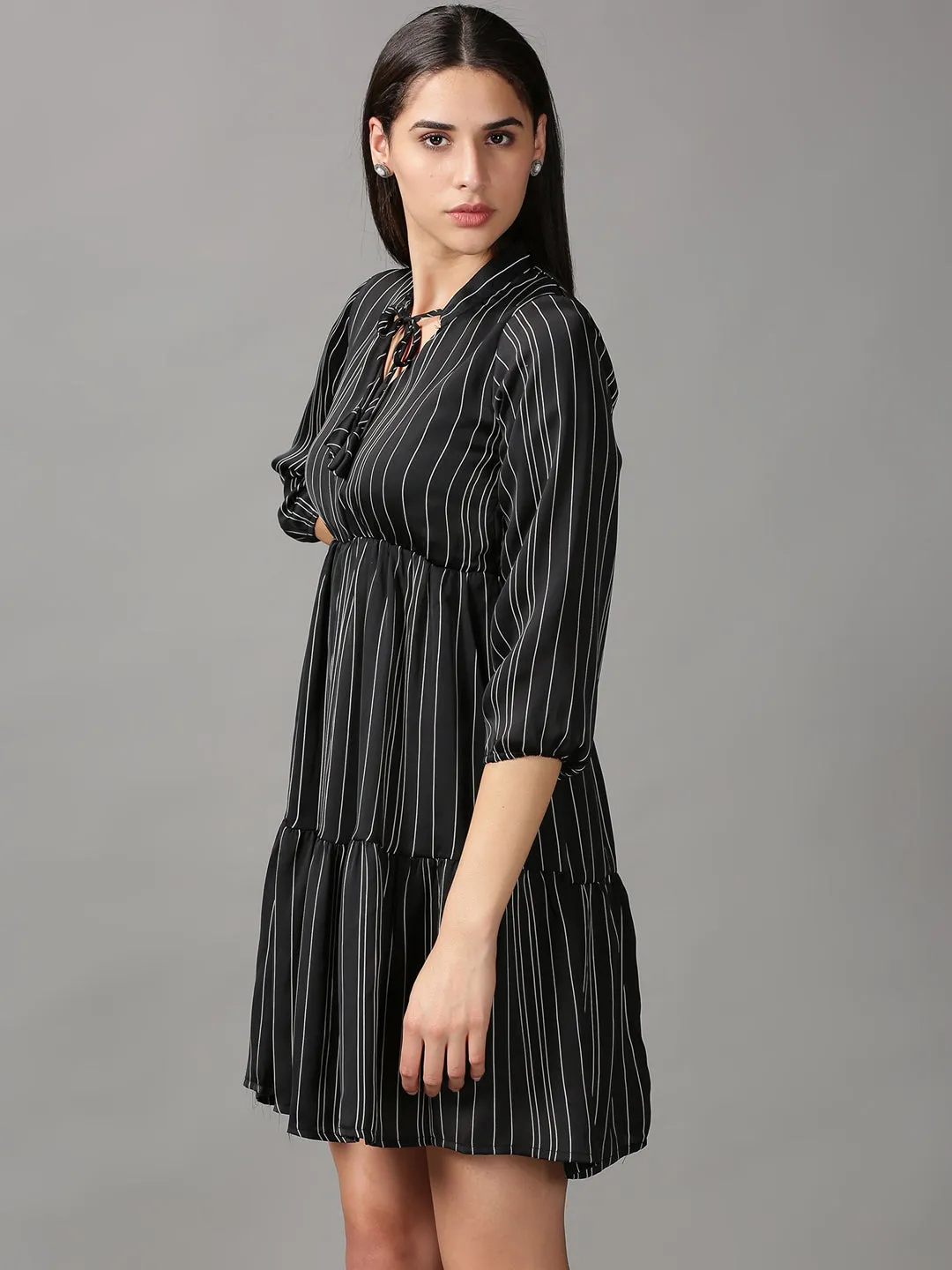 Women's Black Striped Fit and Flare Dress