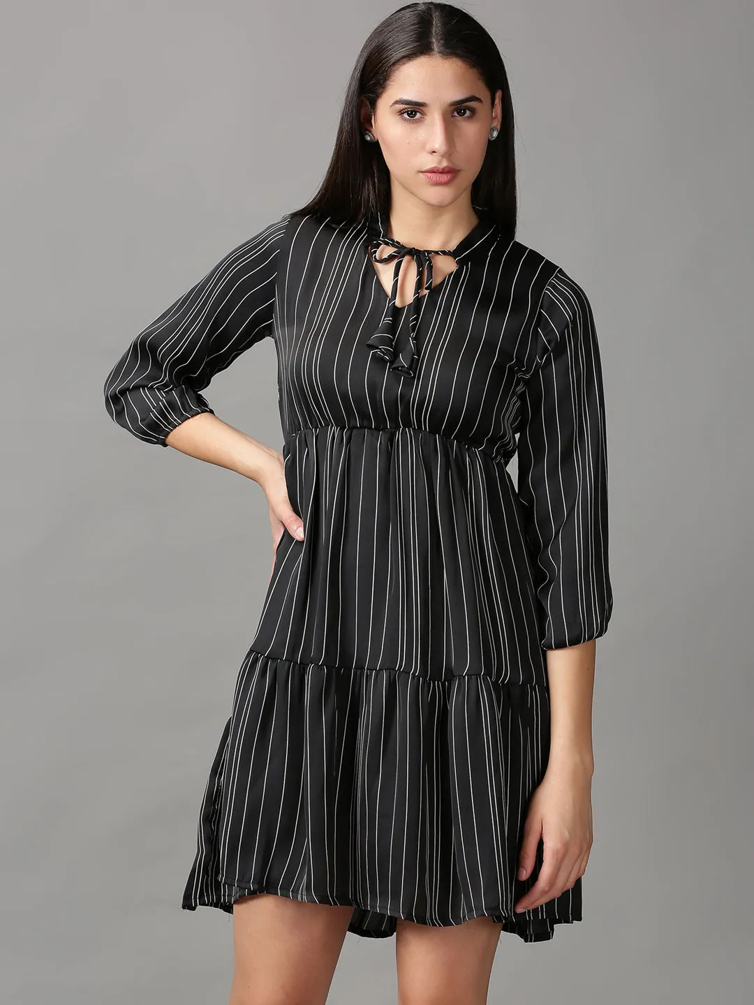 Women's Black Striped Fit and Flare Dress