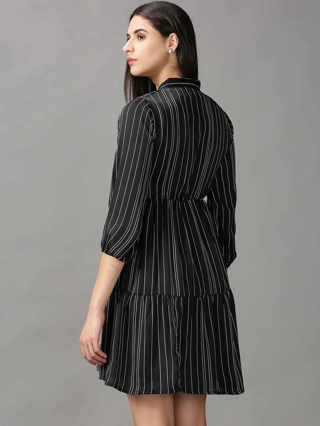 Women's Black Striped Fit and Flare Dress