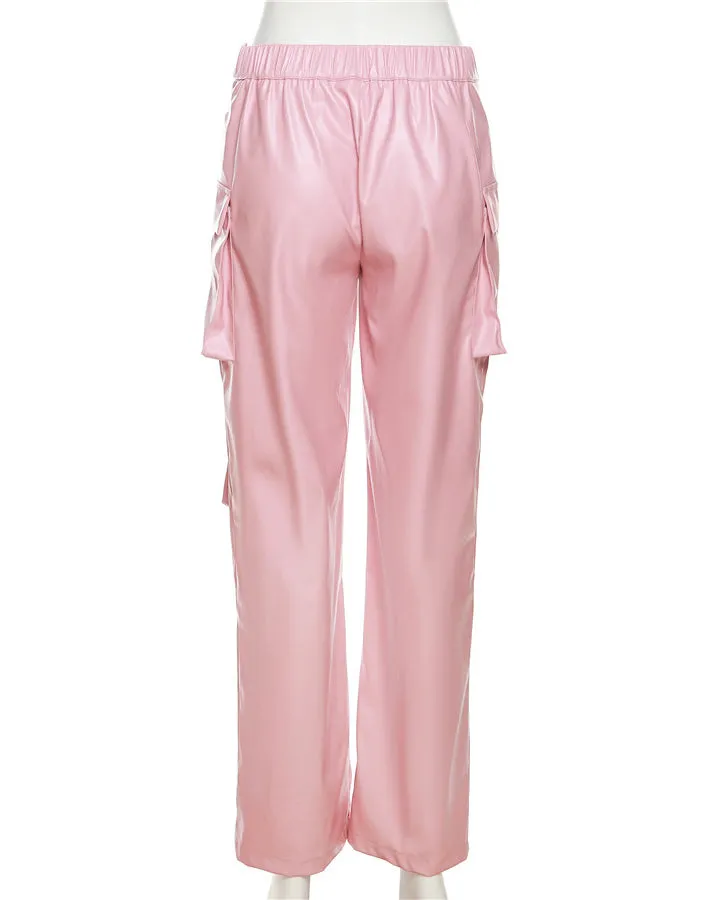 Workwear Eco Friendly Leather High Waist Straight Casual Trousers