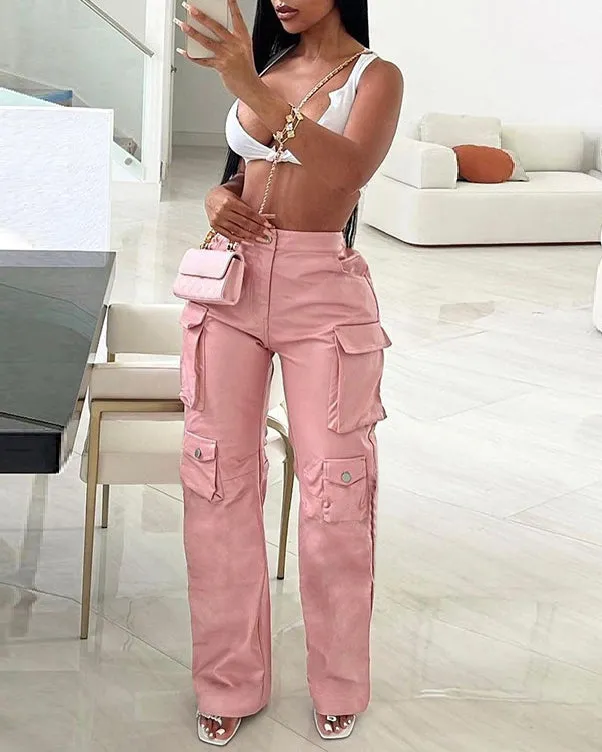 Workwear Eco Friendly Leather High Waist Straight Casual Trousers