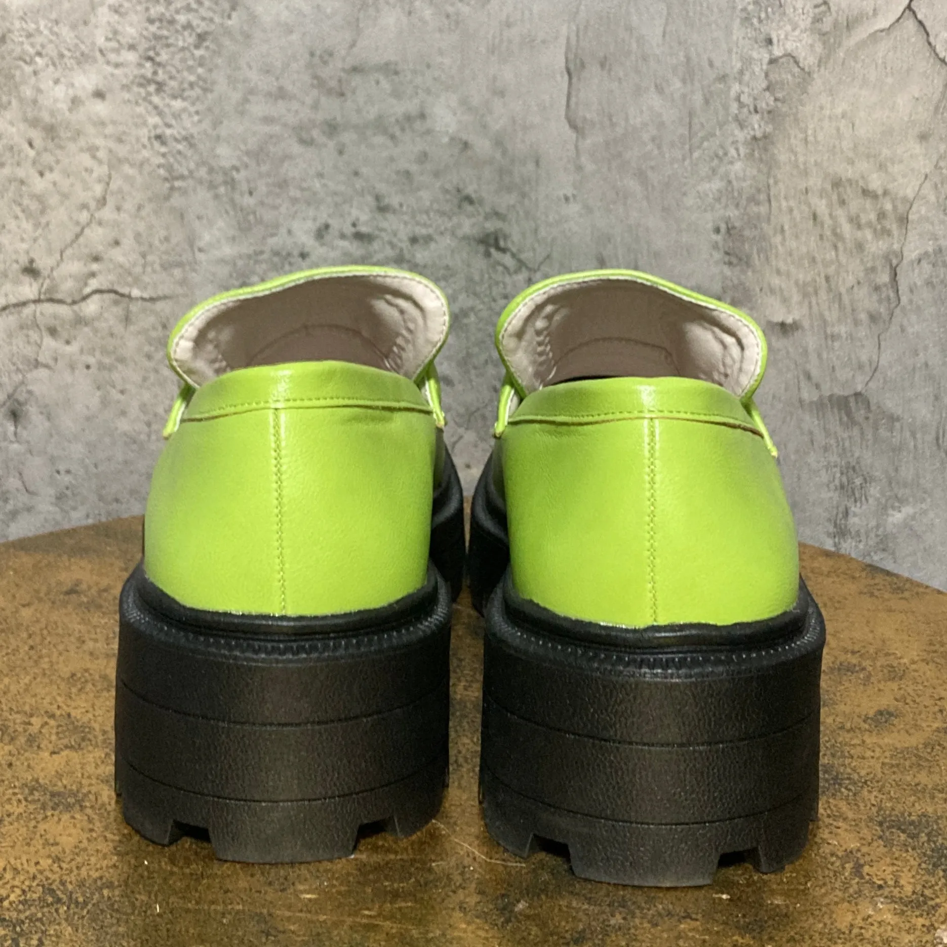 yellow green platform loafers square toe