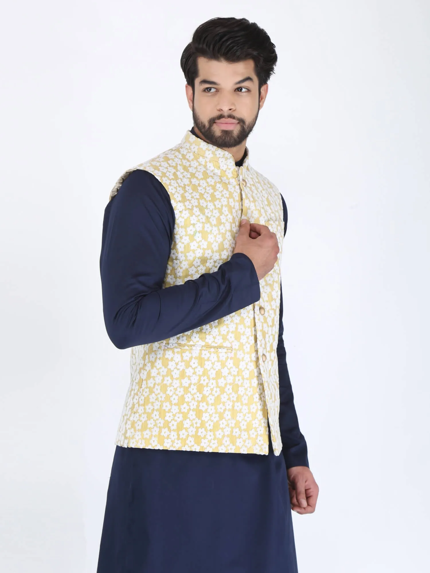 Yellow White Flower Work Ethnic Jacket